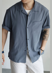 Plus Size Haze Blue Peter Pan Collar Pockets Cotton Men Shirts Summer