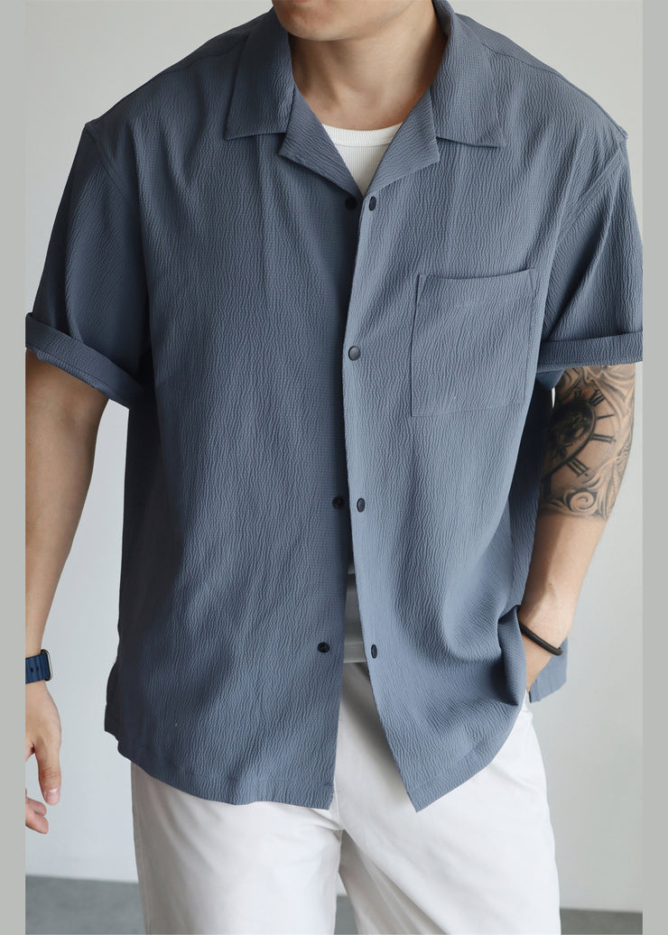 Plus Size Haze Blue Peter Pan Collar Pockets Cotton Men Shirts Summer