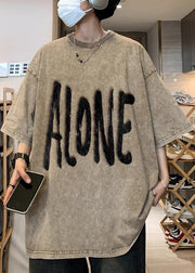 Plus Size Khaki O Neck Print Cotton Men T Shirt Half Sleeve