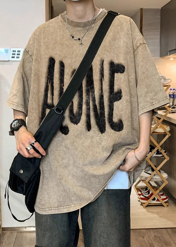 Plus Size Khaki O Neck Print Cotton Men T Shirt Half Sleeve