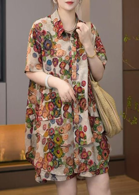 Plus Size Khaki Oversized Print Cotton Two Pieces Set Summer