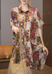 Plus Size Khaki Oversized Print Cotton Two Pieces Set Summer