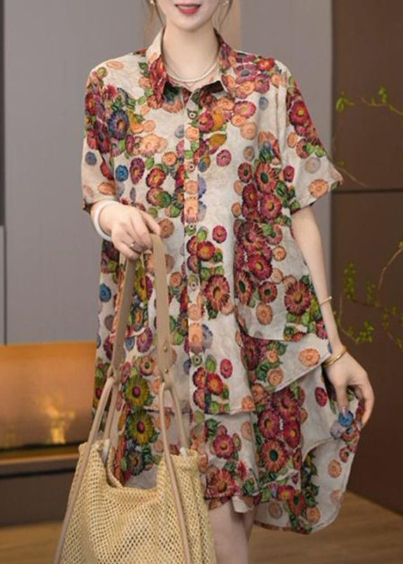 Plus Size Khaki Oversized Print Cotton Two Pieces Set Summer