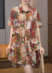 Plus Size Khaki Oversized Print Cotton Two Pieces Set Summer