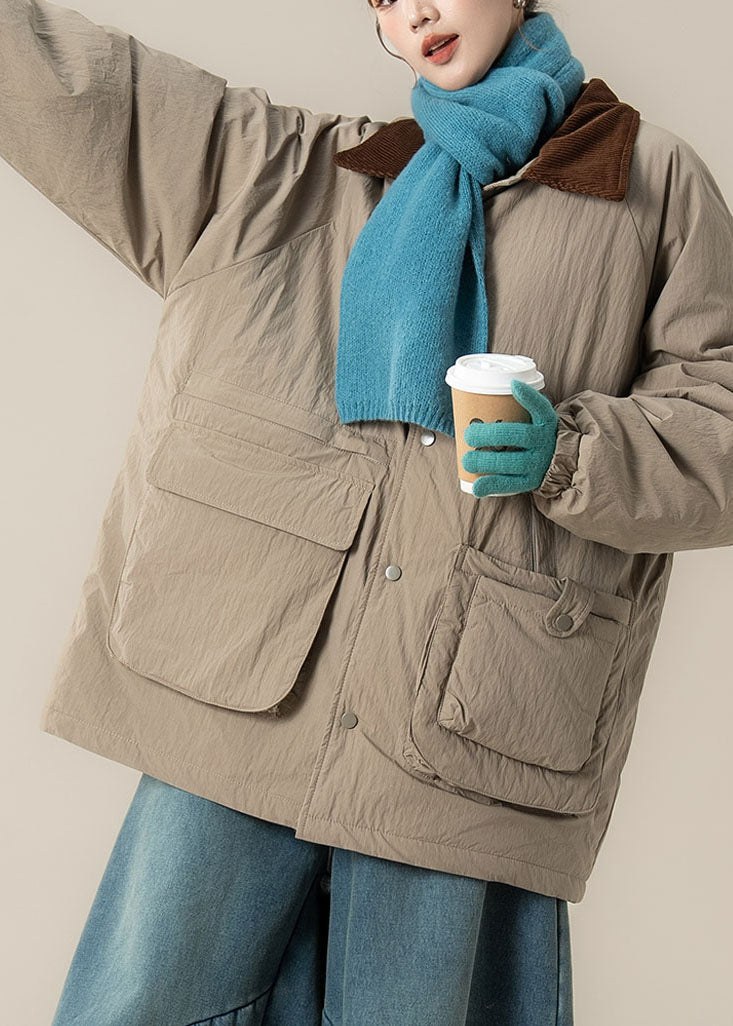 Plus Size Khaki Peter Pan Collar Pockets Thick Parka Winter