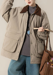 Plus Size Khaki Peter Pan Collar Pockets Thick Parka Winter