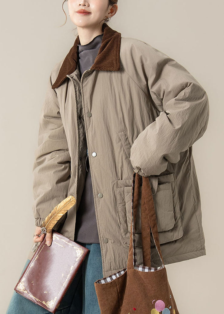 Plus Size Khaki Peter Pan Collar Pockets Thick Parka Winter