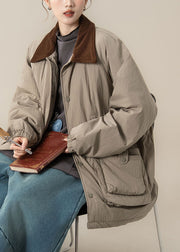 Plus Size Khaki Peter Pan Collar Pockets Thick Parka Winter