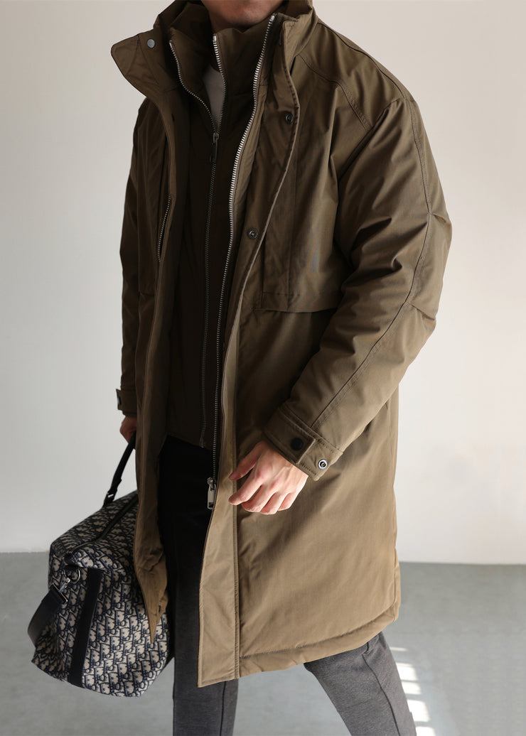 Plus Size Khaki Stand Collar Zippered Duck Down Men Parka Winter