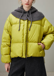 Plus Size Lemon Green Hooded Zippered Knit Patchwork Duck Down Down Coat Winter