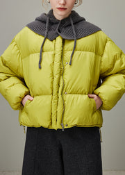 Plus Size Lemon Green Hooded Zippered Knit Patchwork Duck Down Down Coat Winter