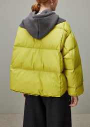 Plus Size Lemon Green Hooded Zippered Knit Patchwork Duck Down Down Coat Winter