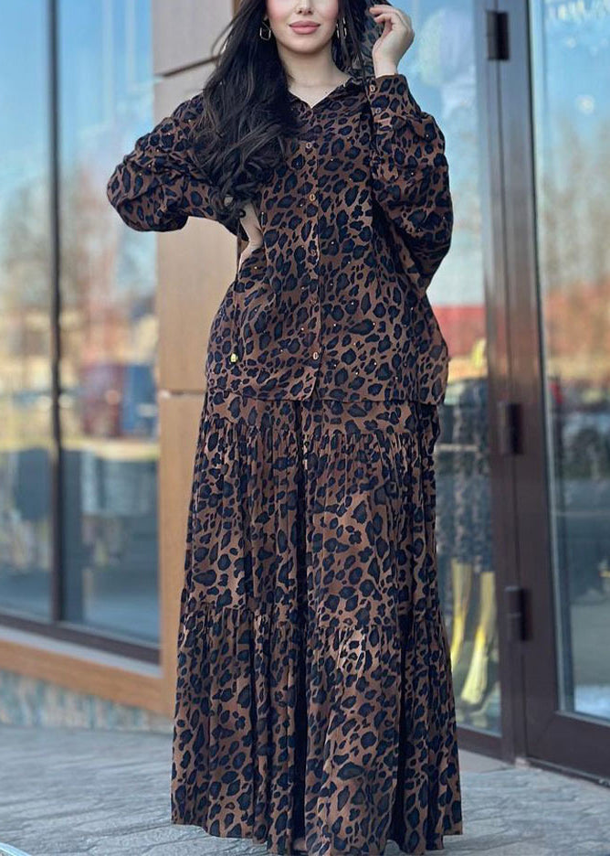 Plus Size Leopard Hooded Shirts And Skirts Cotton Two Piece Set Spring