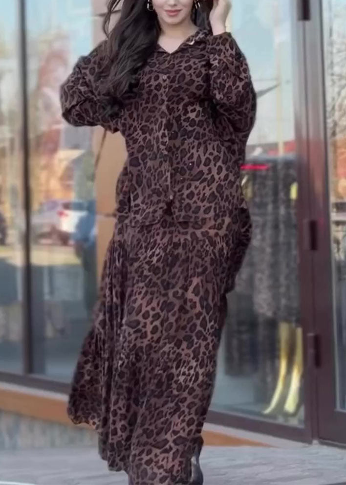 Plus Size Leopard Hooded Shirts And Skirts Cotton Two Piece Set Spring