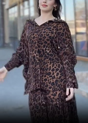 Plus Size Leopard Hooded Shirts And Skirts Cotton Two Piece Set Spring
