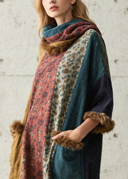 Plus Size Leopard Print Patchwork Faux Fur Long Dresses Fall
