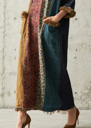 Plus Size Leopard Print Patchwork Faux Fur Long Dresses Fall