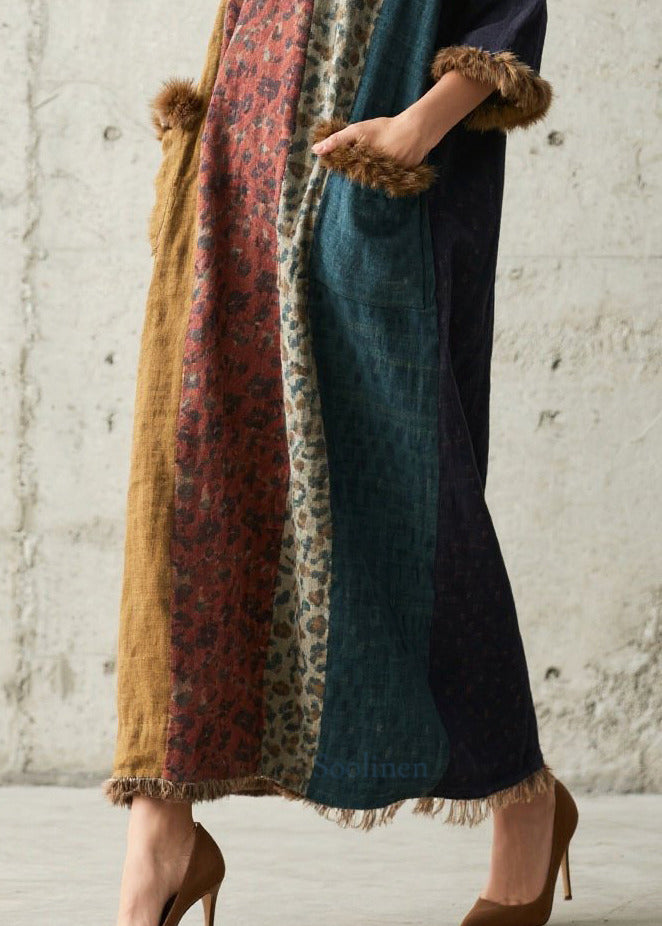 Plus Size Leopard Print Patchwork Faux Fur Long Dresses Fall
