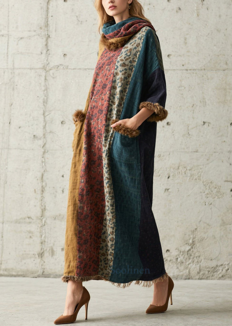 Plus Size Leopard Print Patchwork Faux Fur Long Dresses Fall