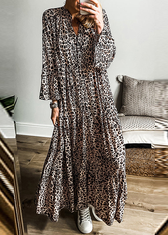 Plus Size Leopard V Neck Patchwork Maxi Dress Fall