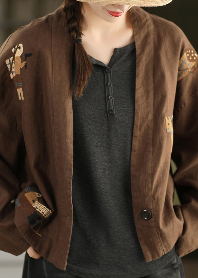 Plus Size Linen Embroidered Button Cozy Coats Fall