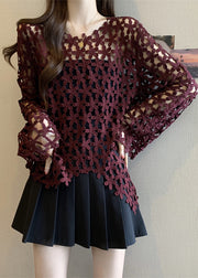 Plus Size Mulberry Embroidered Floral Sheer Tops Fall