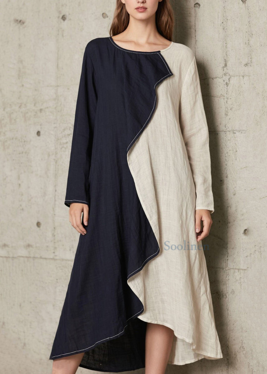Plus Size Navy Asymmetrical Patchwork Cotton A Line Dress Spring – SooLinen
