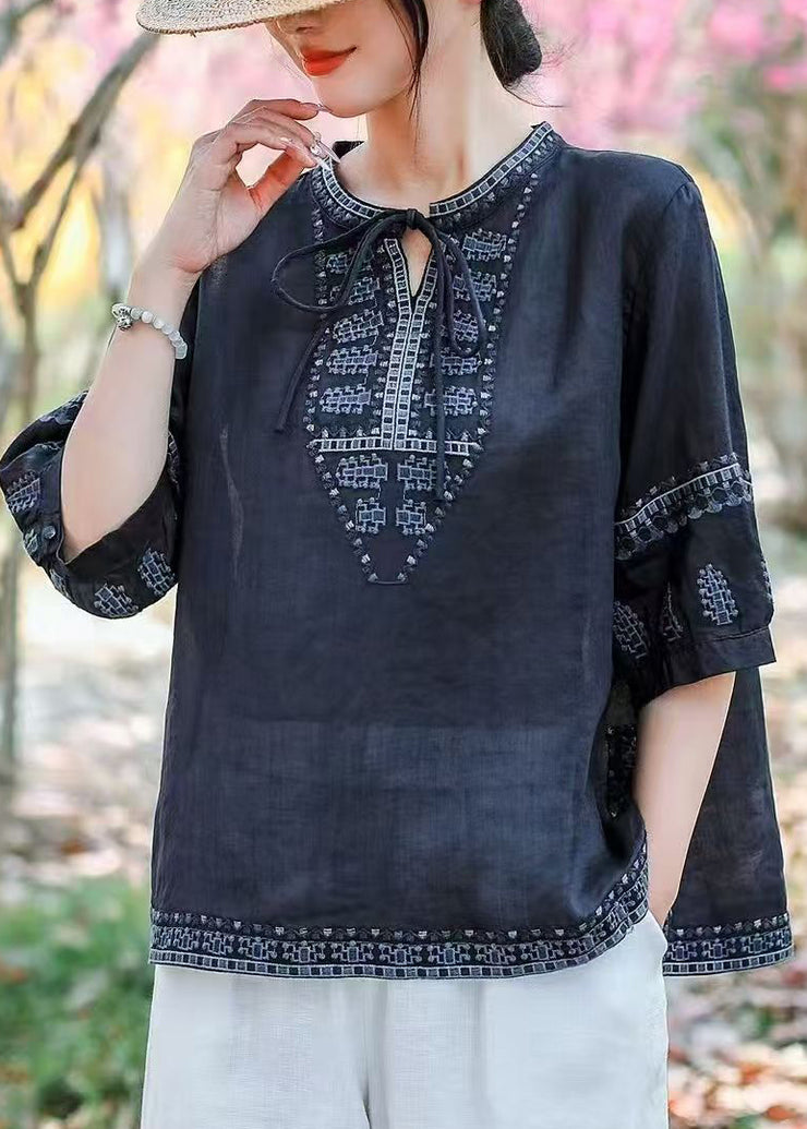 Plus Size Navy Embroidered Linen Blouses Summer