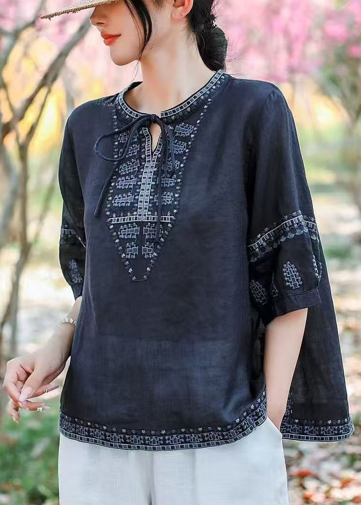 Plus Size Navy Embroidered Linen Blouses Summer
