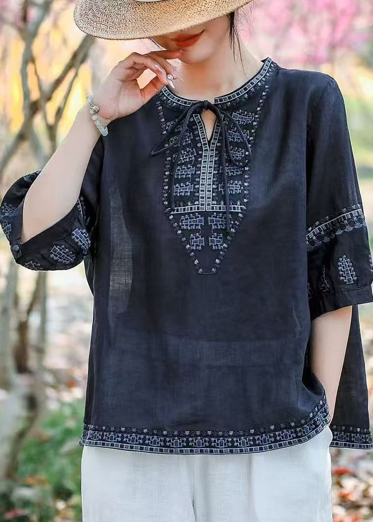 Plus Size Navy Embroidered Linen Blouses Summer