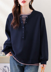 Plus Size Navy Oversized Patchwork Cotton Sweatshirt Streetwear Fall