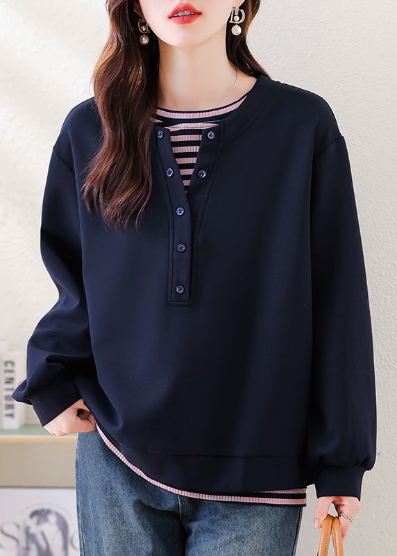 Plus Size Navy Oversized Patchwork Cotton Sweatshirt Streetwear Fall