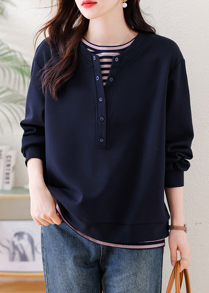 Plus Size Navy Oversized Patchwork Cotton Sweatshirt Streetwear Fall