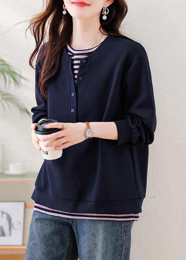 Plus Size Navy Oversized Patchwork Cotton Sweatshirt Streetwear Fall