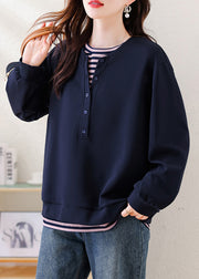 Plus Size Navy Oversized Patchwork Cotton Sweatshirt Streetwear Fall