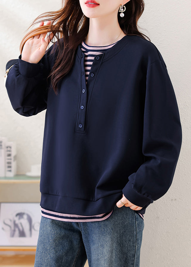 Plus Size Navy Oversized Patchwork Cotton Sweatshirt Streetwear Fall