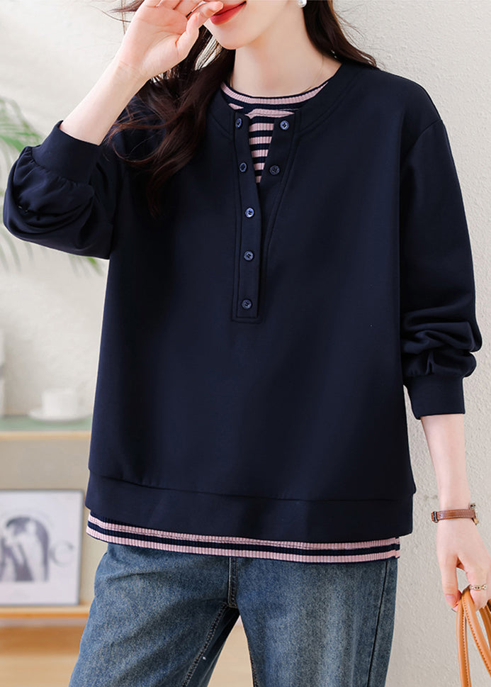 Plus Size Navy Oversized Patchwork Cotton Sweatshirt Streetwear Fall