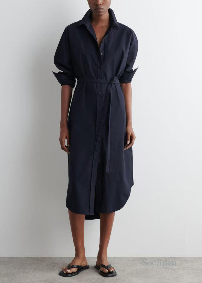 Plus Size Navy Peter Pan Collar Cotton Long Shitrs Tunic Dress Spring