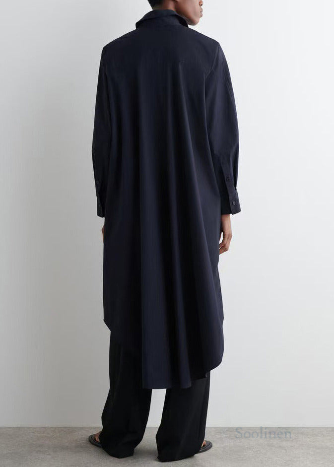 Plus Size Navy Peter Pan Collar Cotton Long Shitrs Tunic Dress Spring