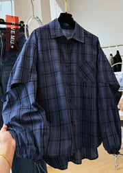 Plus Size Navy Peter Pan Collar Plaid Drawstring Cotton Shirt Top Fall