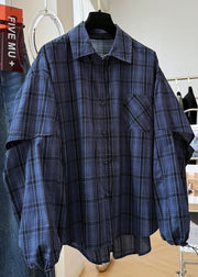 Plus Size Navy Peter Pan Collar Plaid Drawstring Cotton Shirt Top Fall