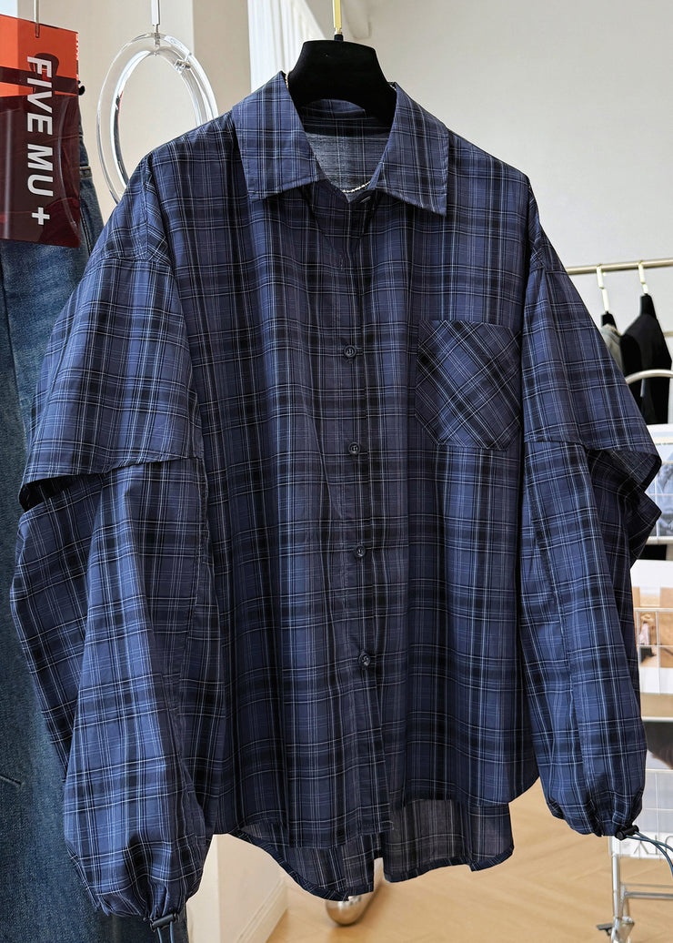 Plus Size Navy Peter Pan Collar Plaid Drawstring Cotton Shirt Top Fall