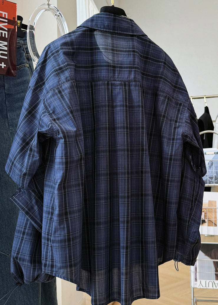 Plus Size Navy Peter Pan Collar Plaid Drawstring Cotton Shirt Top Fall