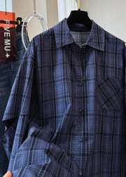 Plus Size Navy Peter Pan Collar Plaid Drawstring Cotton Shirt Top Fall