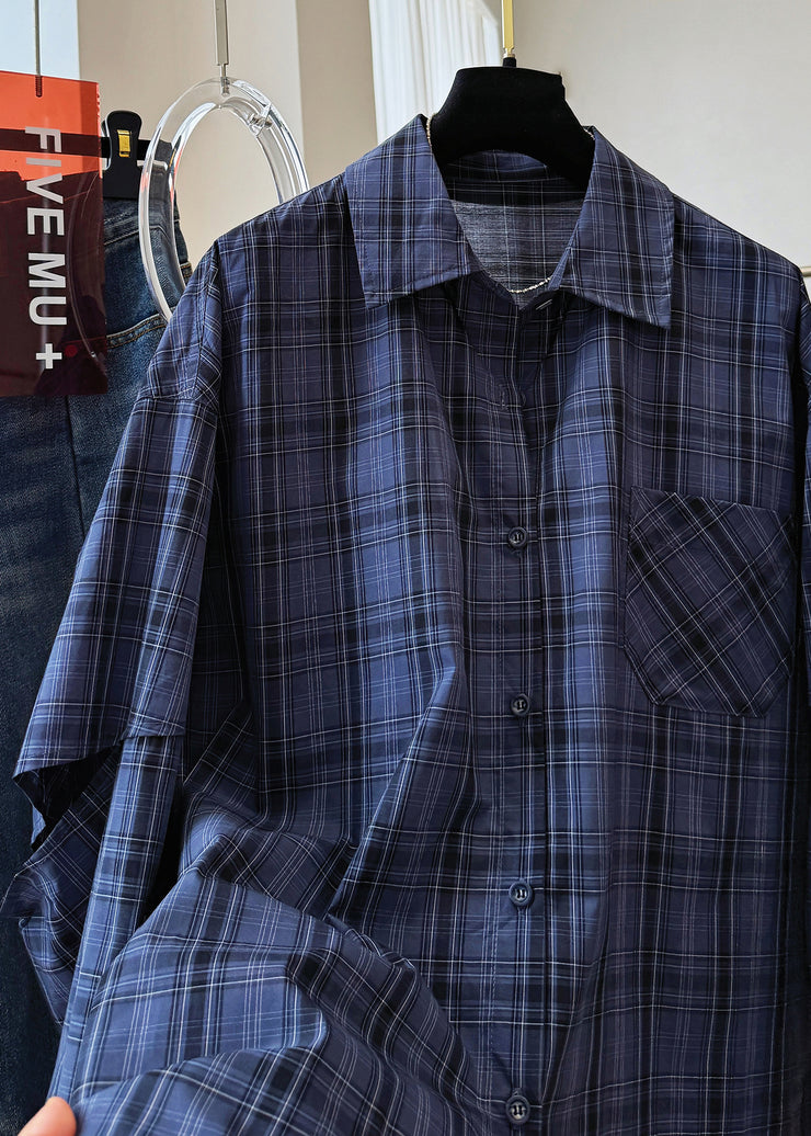Plus Size Navy Peter Pan Collar Plaid Drawstring Cotton Shirt Top Fall