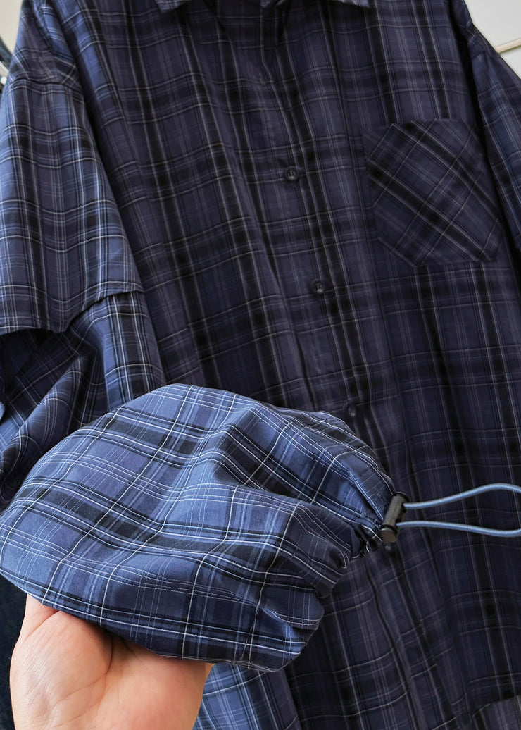 Plus Size Navy Peter Pan Collar Plaid Drawstring Cotton Shirt Top Fall