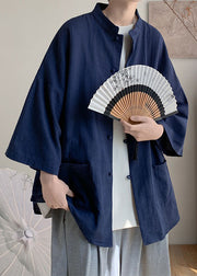 Plus Size Navy Stand Collar Button Linen Shirt Men Fall