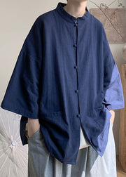 Plus Size Navy Stand Collar Button Linen Shirt Men Fall