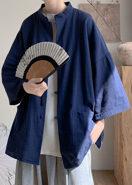 Plus Size Navy Stand Collar Button Linen Shirt Men Fall