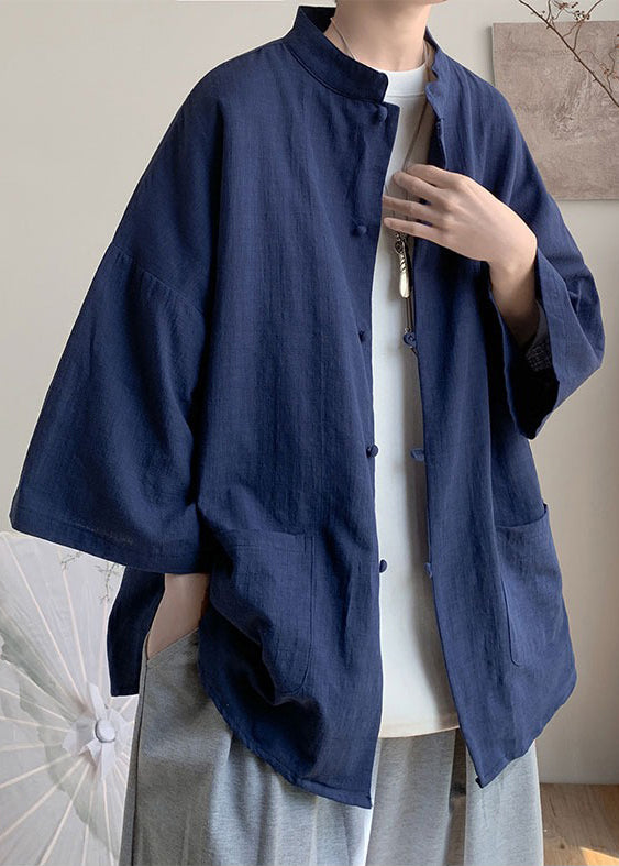 Plus Size Navy Stand Collar Button Linen Shirt Men Fall